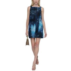 DKNY Womens Square-Neck Linen Blend Mini Dress 10 Indigo Multi - NWT